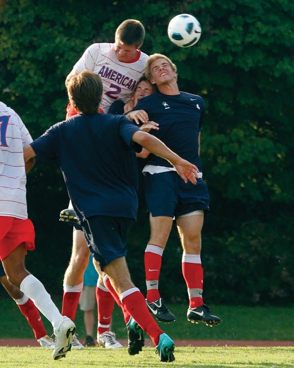 HEADS UP â€” Freshman midfielder Eli Dennis goes up for the header against Richmond in the Eaglesâ€™ 2-0 win. The game on Saturday was the final exhibition game before they take on Howard University in the D.C. College Cup.