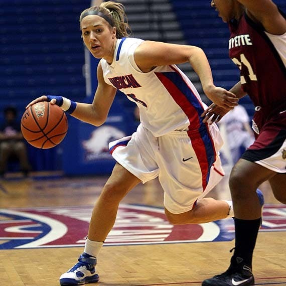 HIGH SCORING â€” Michelle Kirk drives the lane during AUâ€™s 53-31 win over Lafayette on Saturday. During the game Kirk scored her 1,000th career point, becoming the 12th player in AU history to accomplish the feat. With the win, AU improved to 7-0 in the Patriot League. 