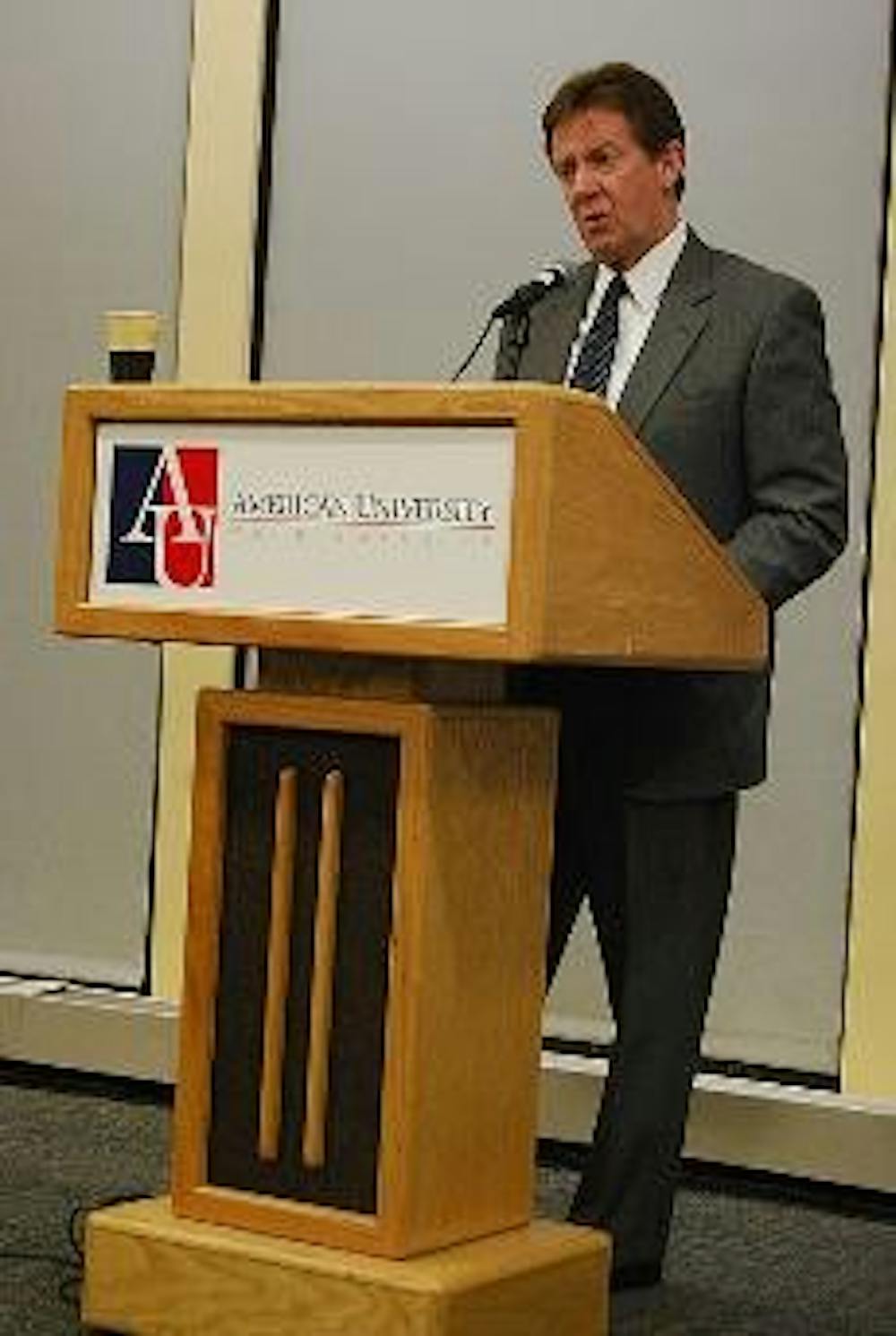 FROM THE PODIUM - In his second public speech in two days, AU President Neil Kerwin discussed improving alumni relations in the current economy Monday in the Mary Graydon Center.