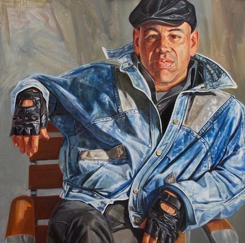 Professor Tim Doud\'s exhibit includes a series of self-portraits.