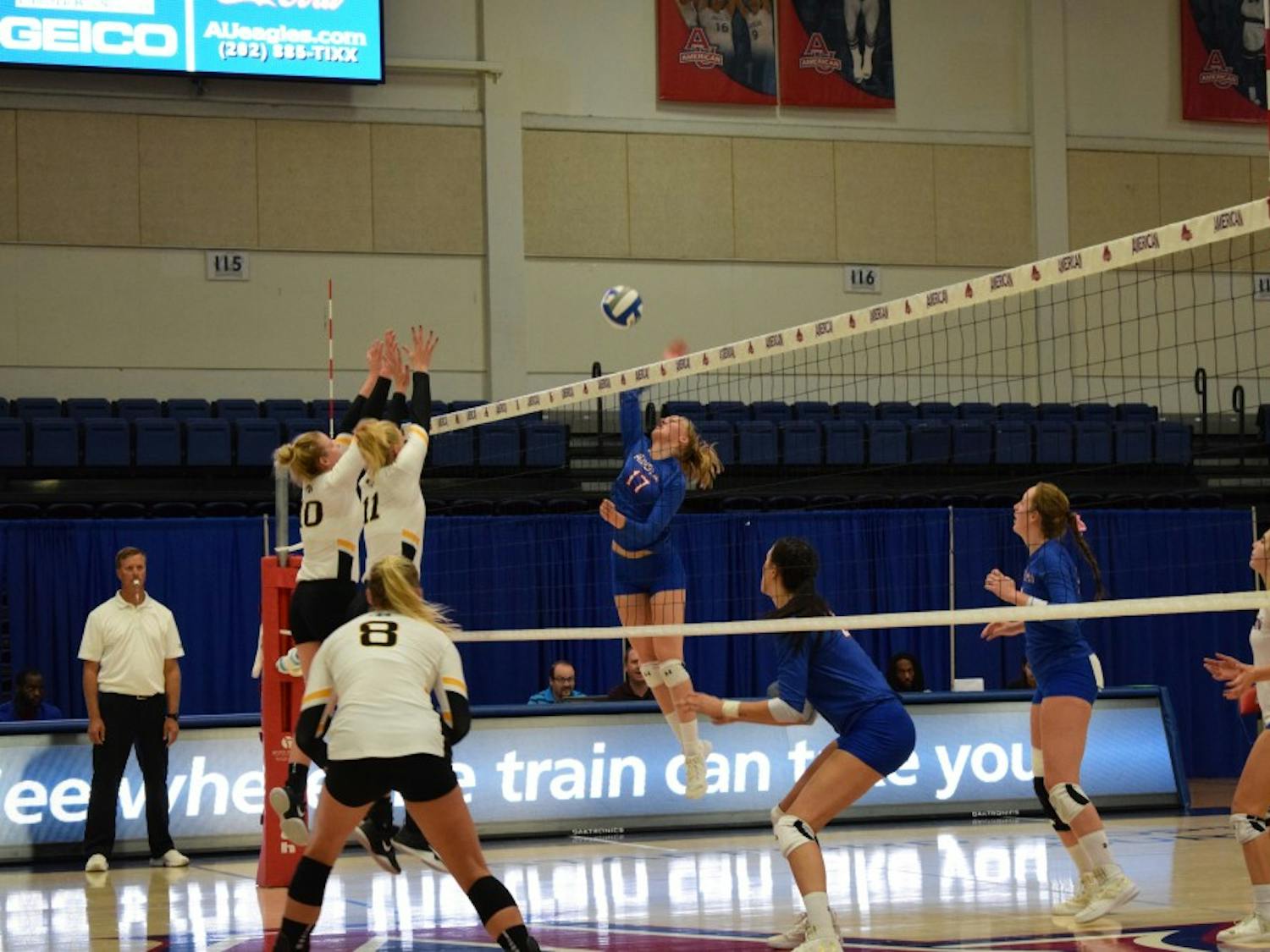 Freshman outside hitter Helena Elbaek goes up for a kill in the Eagles match against Iowa on Sept. 16