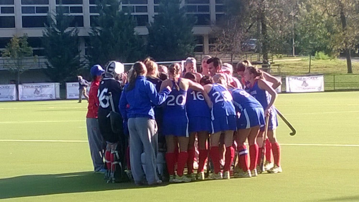 	The AU Field Hockey team huddles before their match against William and Mary 