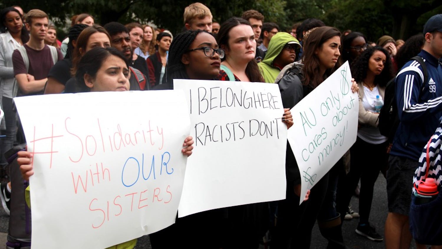 Students protest at the&nbsp;#SolidaritywithourSisters rally on the steps of MGC in September 2016.&nbsp;Hundreds gathered to speak out against racism on AU's campus.