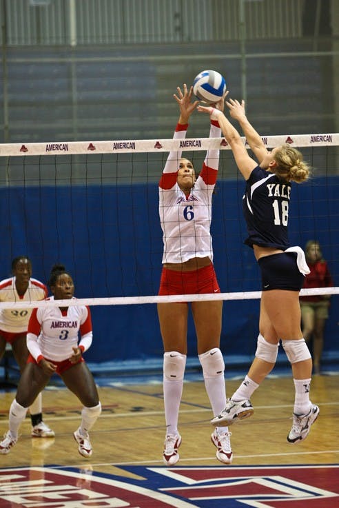 BLOCKEDâ€”Freshman Bianca Richardson goes up to block a shot against Yale during the Eagles 3-1 loss. The team is off to its worst start in almost a decade with a 2-7 record. There losing record is surprsing since they were the preseason favorite to win the Patriot League. 