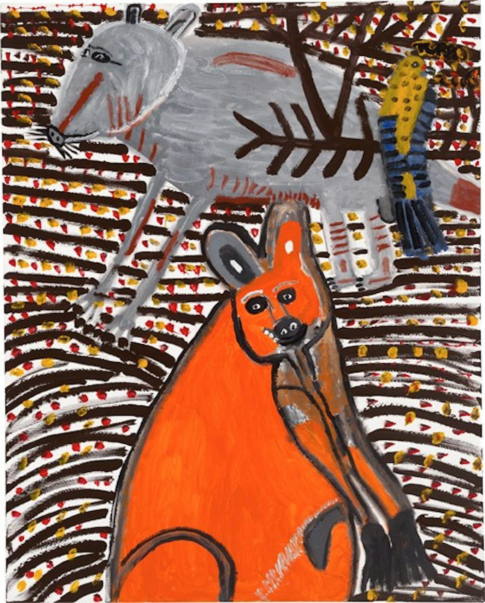 DOWN UNDER -- Works of various Aboriginal artists will be on display at the Katzen Arts Center starting Tuesday, Sept. 8. The above piece, by Trevor \"Turbo\" Brown, is entitled \"Dreamtime kangaroo and bird.\"