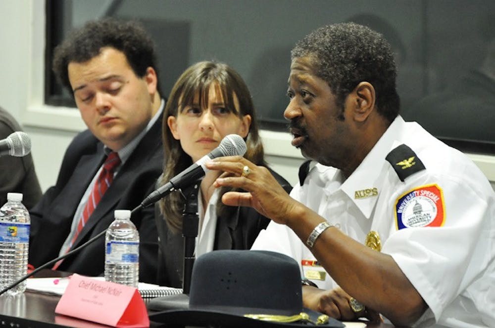 Public Safety Chief Michael McNair discusses changes to the Conduct Code at a town hall Wednesday. At left is Matthew Kabak, deputy director of the Student Advocacy Center and Rosie McSweeney, director of Student Conduct and Conflict Resolution Services.