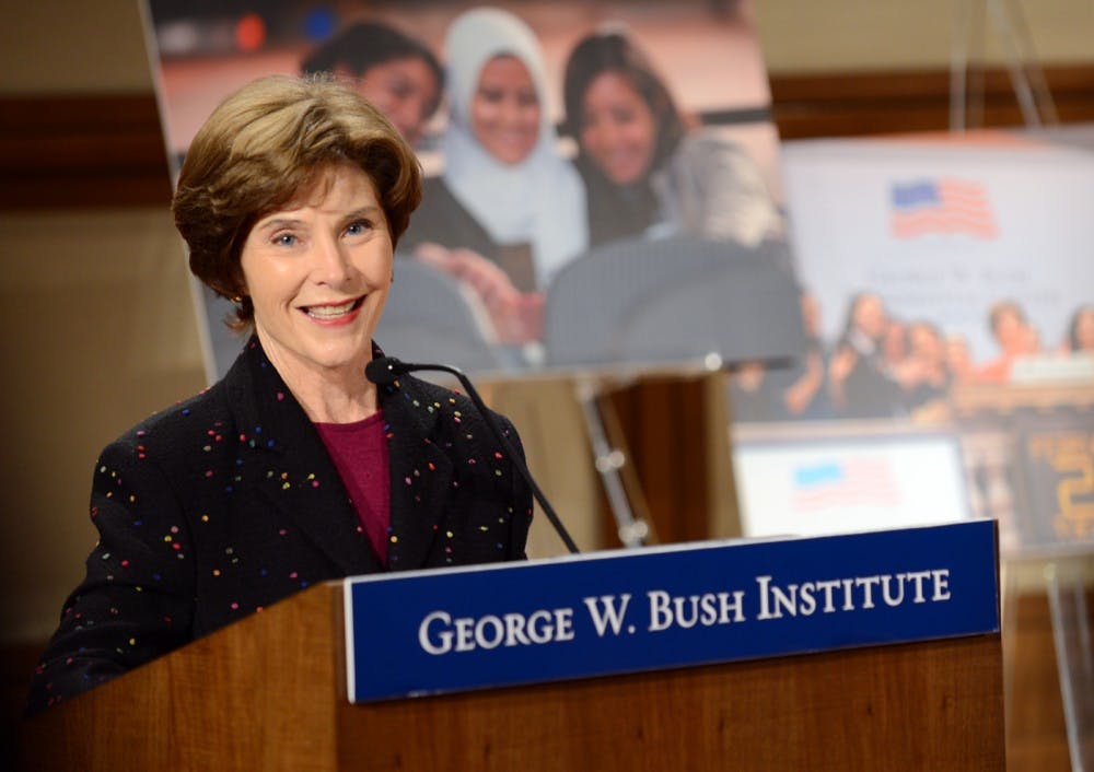 Former First Lady Laura Bush speaks at a Bush Institute event celebrating International Women's Day.