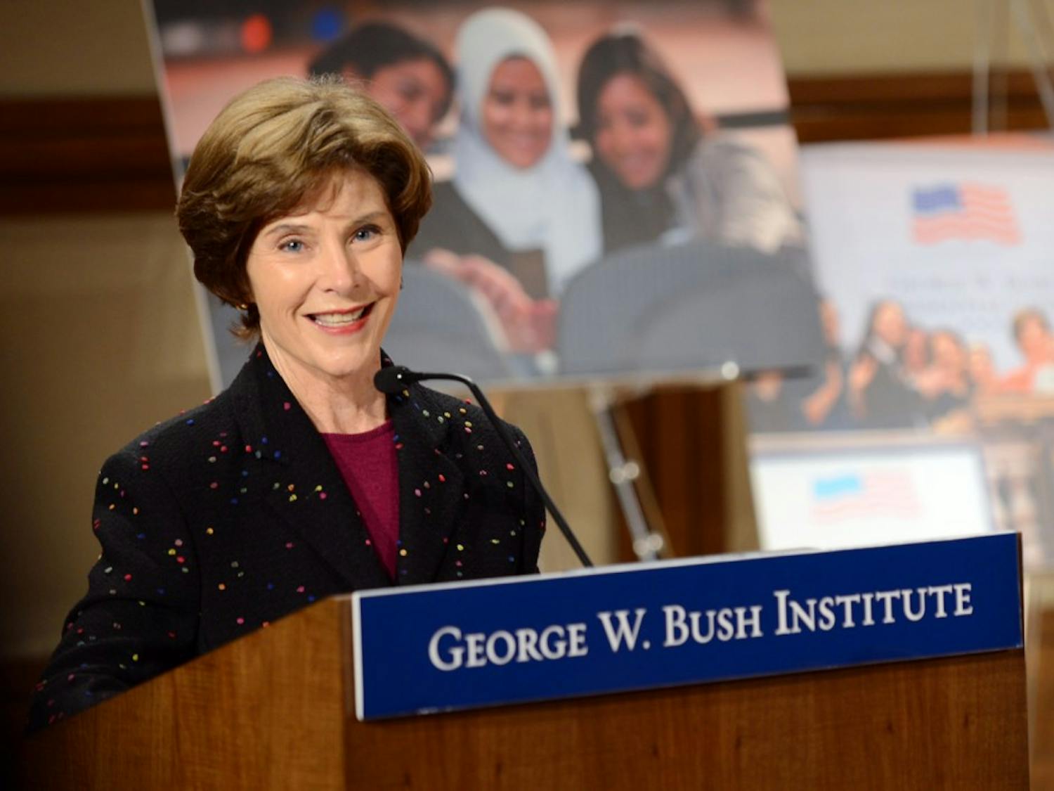 Former First Lady Laura Bush speaks at a Bush Institute event celebrating International Women's Day.