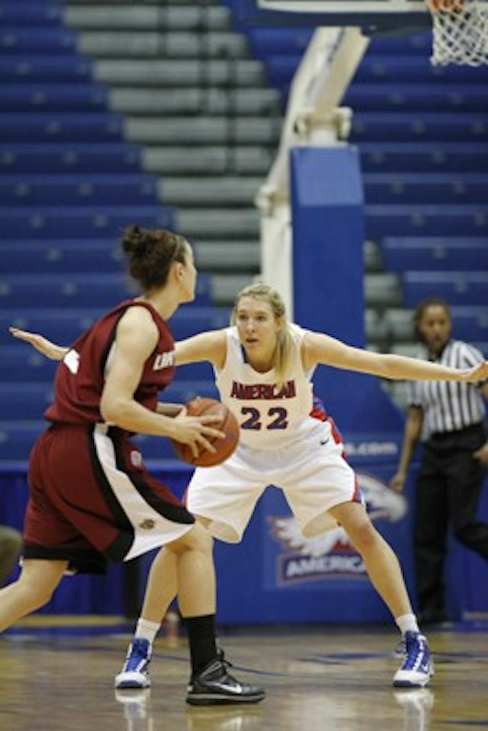 DEFENSE â€” Liz Leer defends against the Lafayette Leopards in a game earlier this year. Leer scored 11 points in AUâ€™s 70-61 win over the College of Holy Cross on Saturday. The Eagles moved to 11-1 on the season in Patriot League play. The team has one more home game against Navy on Wednesday. 