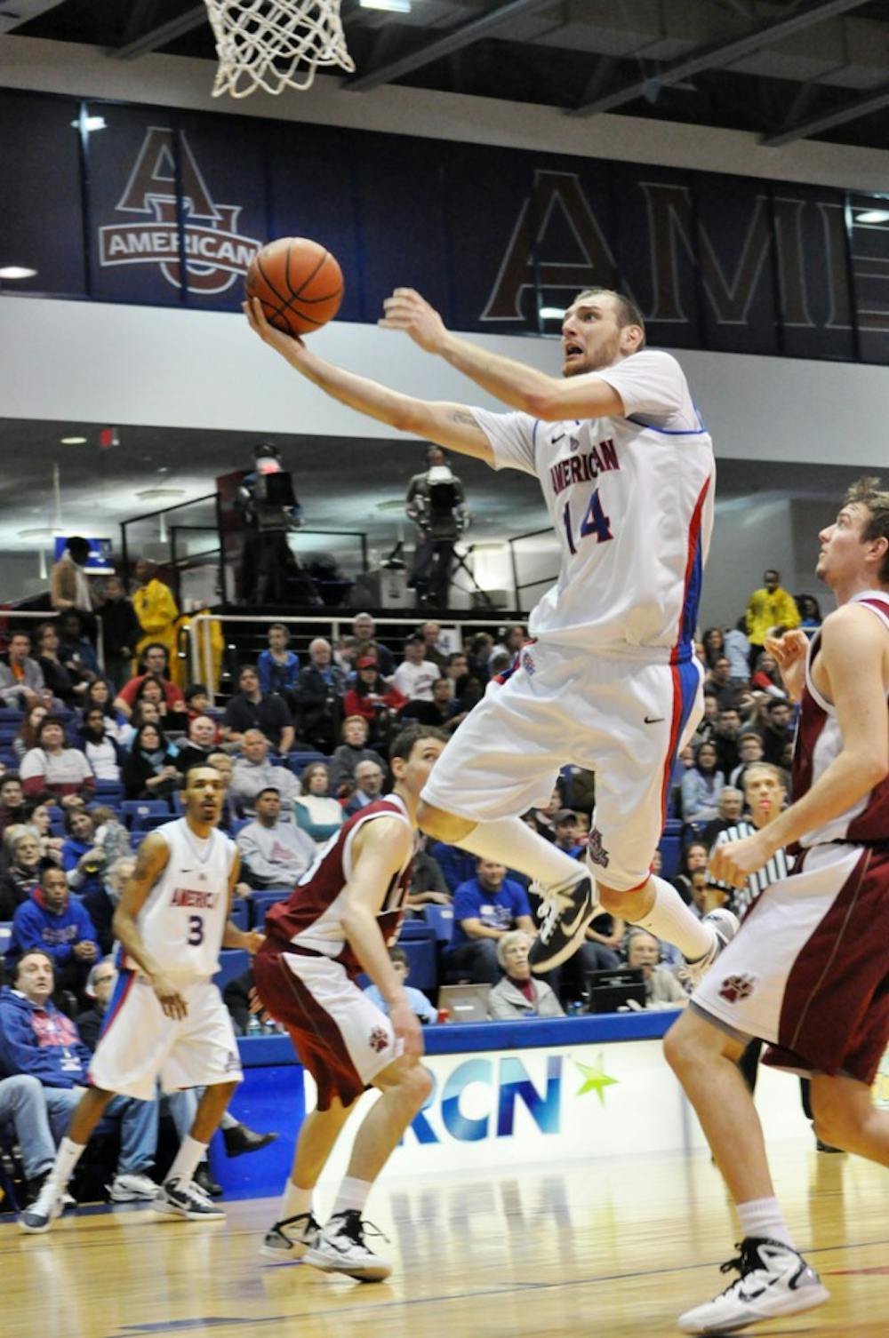GOING STRONG â€” Vlad Moldoveanu scores two of his 17 points in Saturdayâ€™s 73-60 victory against the Lafayette Leopards.  
