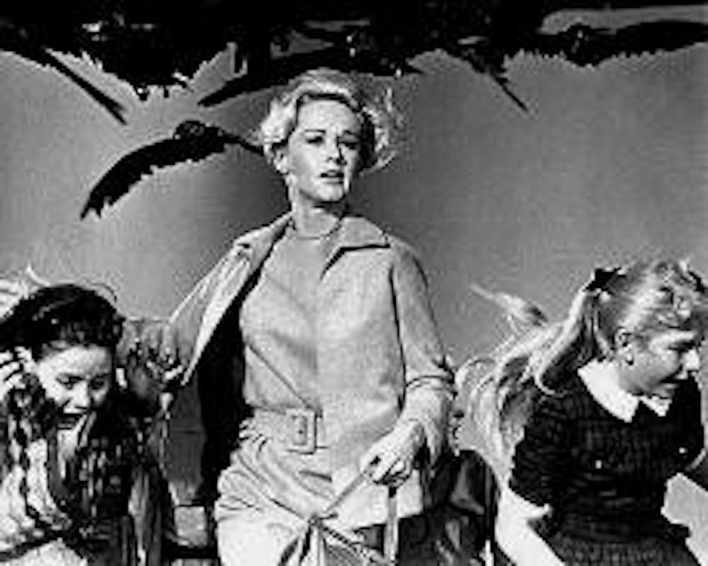 The graceful Tippi Hedren battles violent birds in Hitchcock's 1963 horror film.