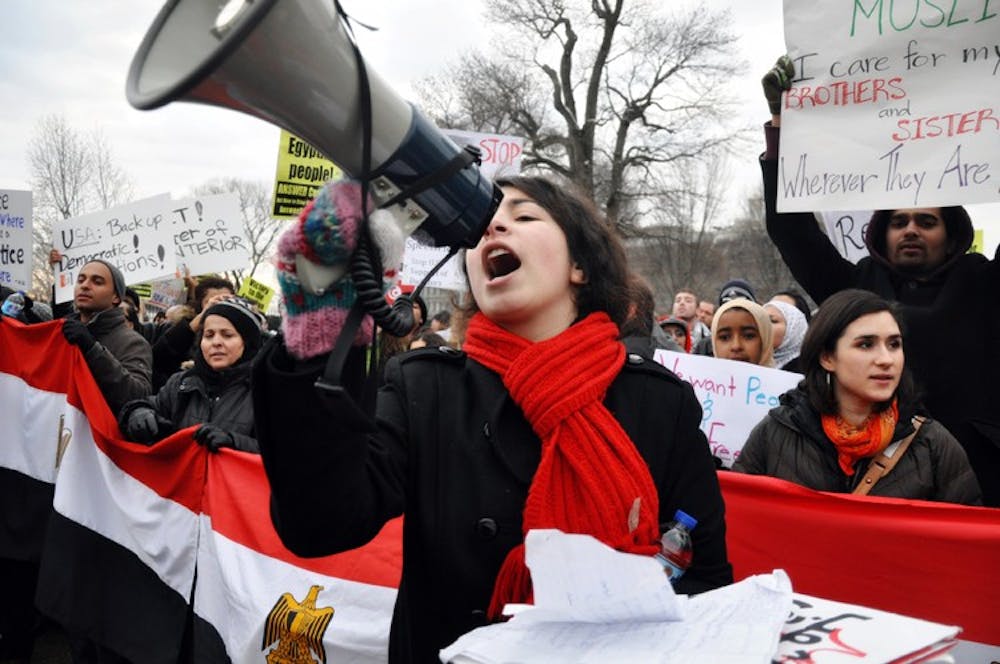 Students protest outside the Egyptian embassy.