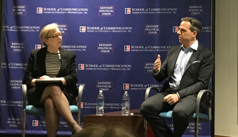 Professor Jane Hall interviews CNN anchor Jake Tapper at an event hosted by the School of Communication and Kennedy Political Union.