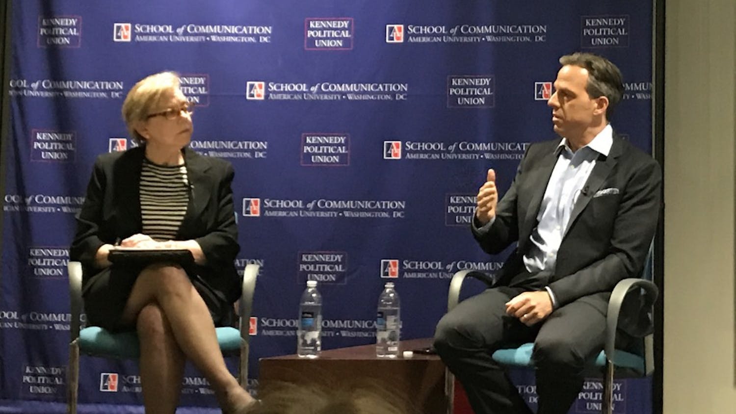 Professor Jane Hall interviews CNN anchor Jake Tapper at an event hosted by the School of Communication and Kennedy Political Union.