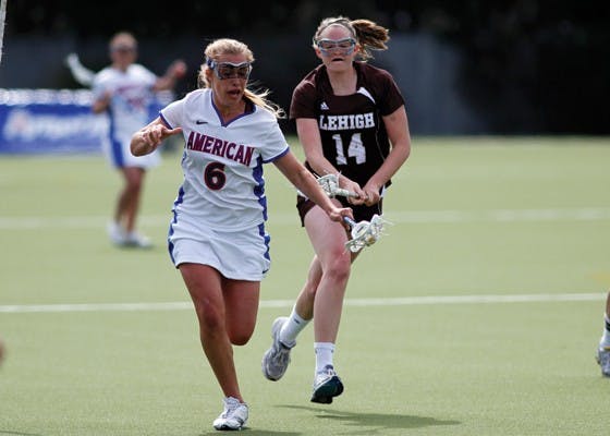 BREAKAWAY â€” Midfielder Emma Larkin tries to break away from a Lehigh player during a game earlier in the season. The Eagles lost to Virginia Tech by a score of 17-12. This loss dropped the Eaglesâ€™ record to 5-9 overall on the season. AU will face Davidson College on April 18 at home.  