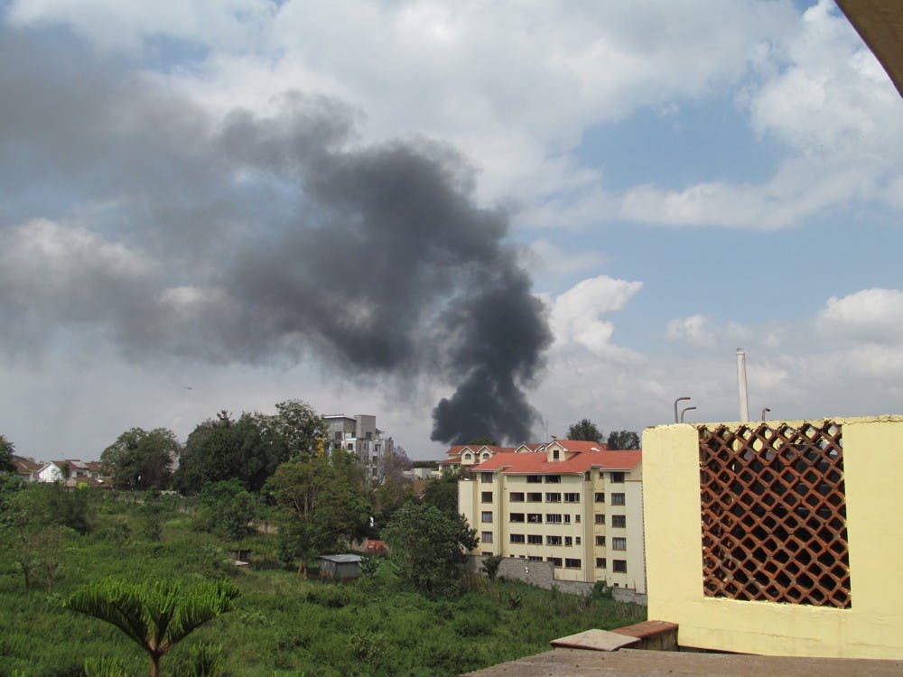 	A view of the Westgate mall from AU students&#8217; apartment complex in Nairobi, Kenya on Sept. 23. 