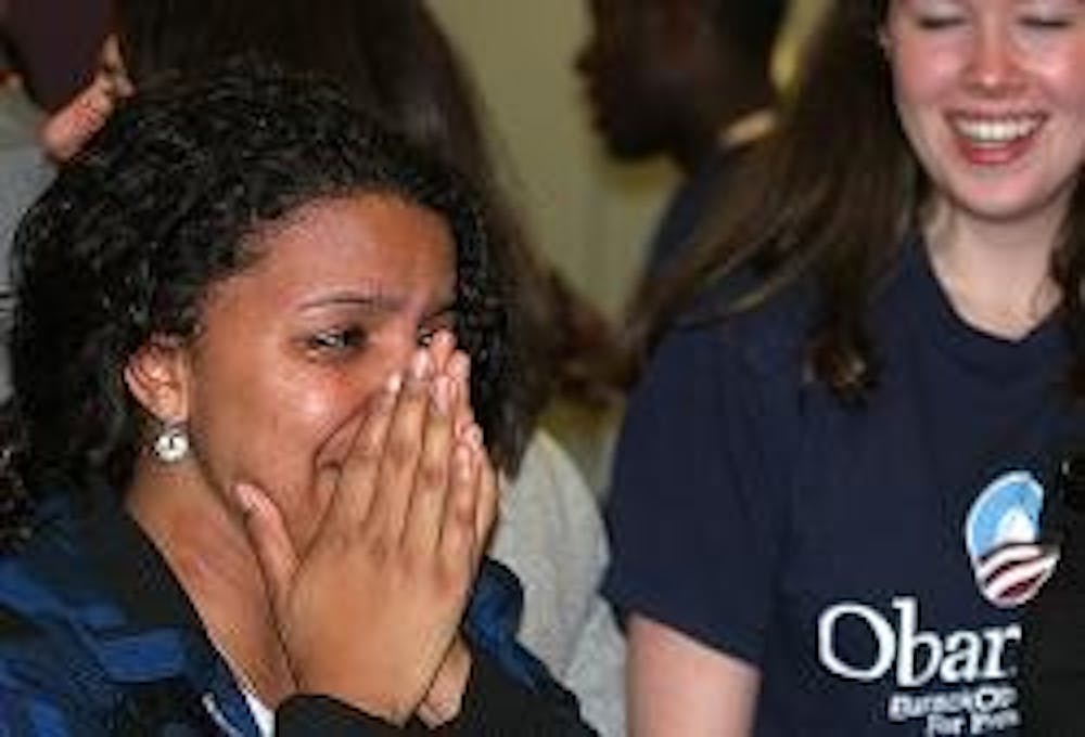 TEARS OF JOY - AU student Paula Ramirez reacts with great emotion following the announcement that Barack Obama will serve as the United States' 44th presdent.