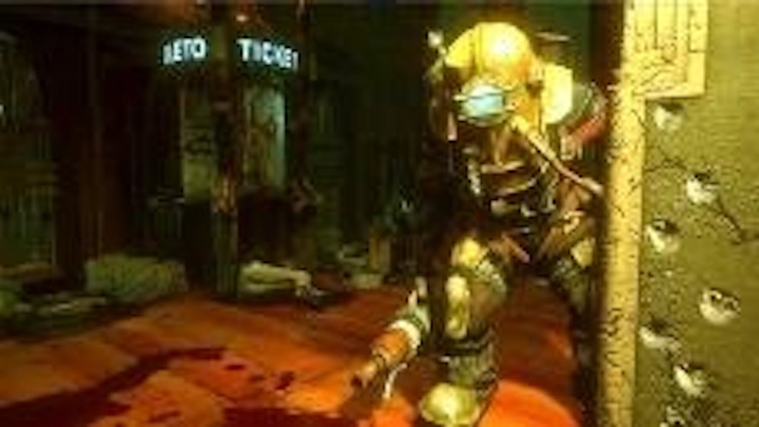 BIG DADDY SHOOTER - A Big Daddy, one of the primary enemies in "Bioshock," lurks around a corner, waiting to surprise Jack, the game's protagonist. Jack can dispose of Big Daddies using either firearms or ingenuity.