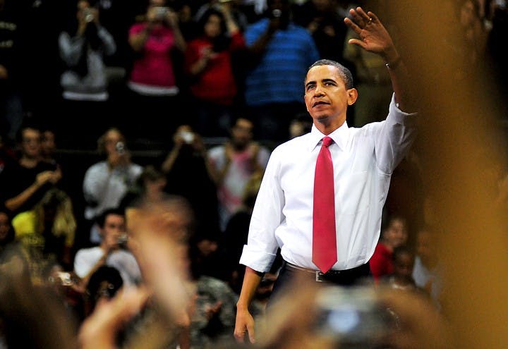 President Obama waves the crowd at Comcast on Thursday after delivering his speech on health care. Jaclyn Borowski- The Diamondback