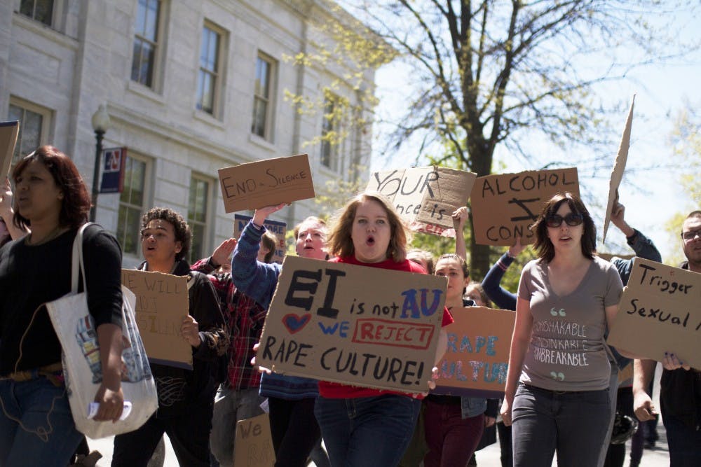 Students marching on campus in 2014 calling for the AU&nbsp;administration to take action against the disbanded fraternity, Epsilon Iota.&nbsp;