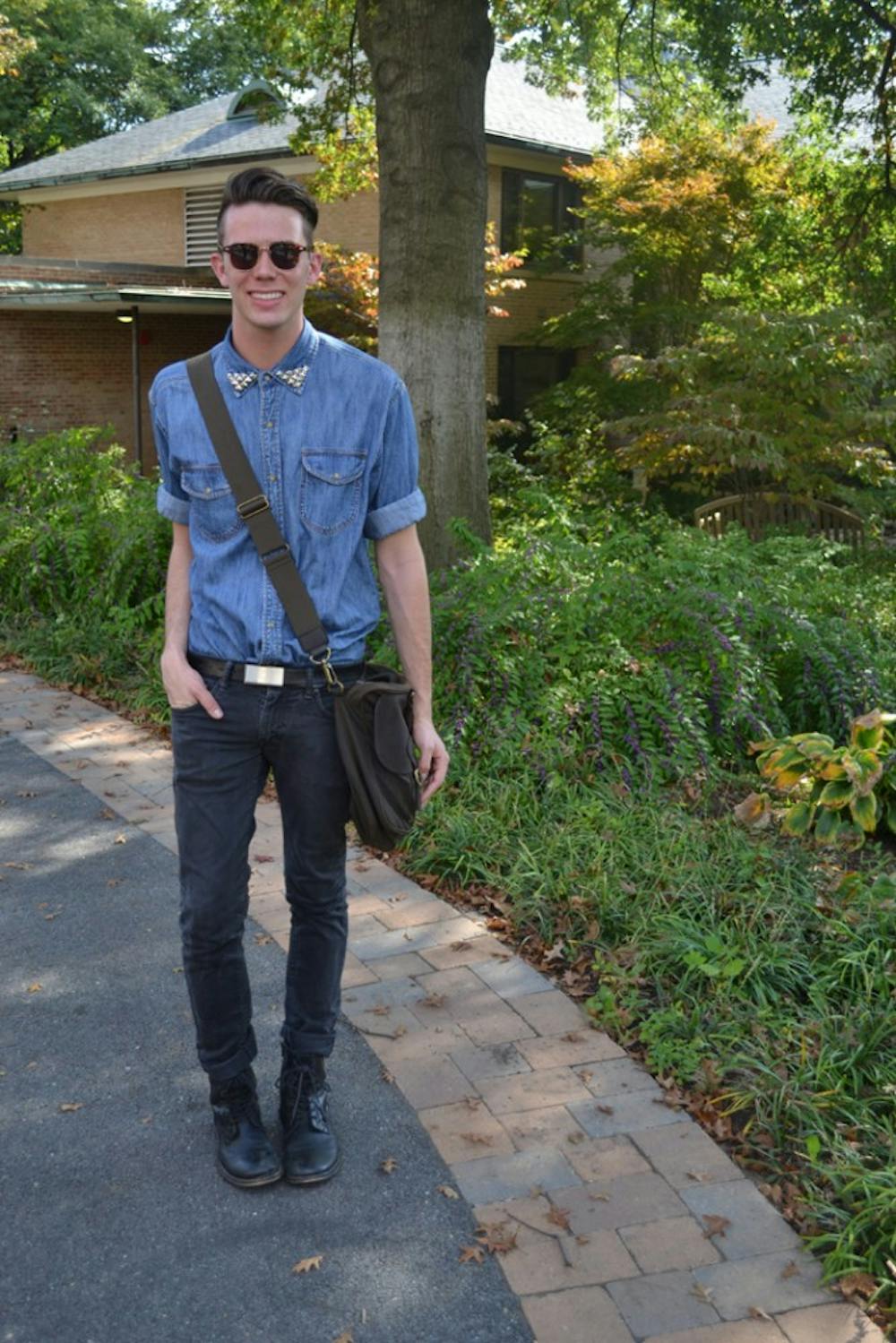 DIY studded shirt -Goodwill // jeans - Levis // belt - Express // boots and sunglasses - Urban Outfitters // briefcase  - Barbour