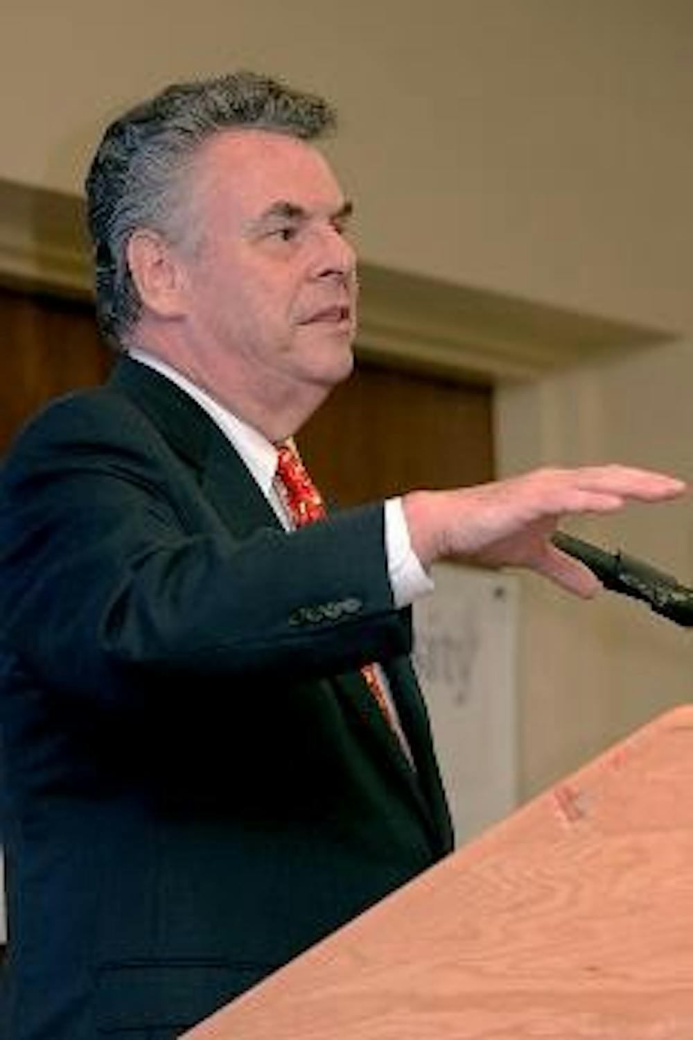 STAY PREPARED - Rep. Peter King, R-N.Y., speaks Monday about how Islamic terrorists are adaptable and will change according to circumstances, making them dangerous. College Republicans sponsored the event.