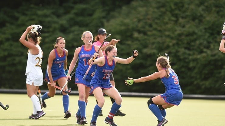 Patriot League Female Scholar-Athlete of the Year&nbsp;Natalie Konerth (23) after scoring the game-winning goal against Kent State in the NCAA Play-In Game Nov. 9.&nbsp;