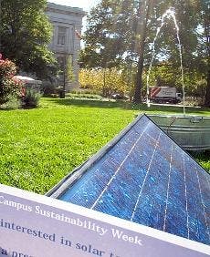 A solar fountain trickles water on the quad Oct. 25 to demonstrate sustainable technology as part of Campus Sustainability Week.