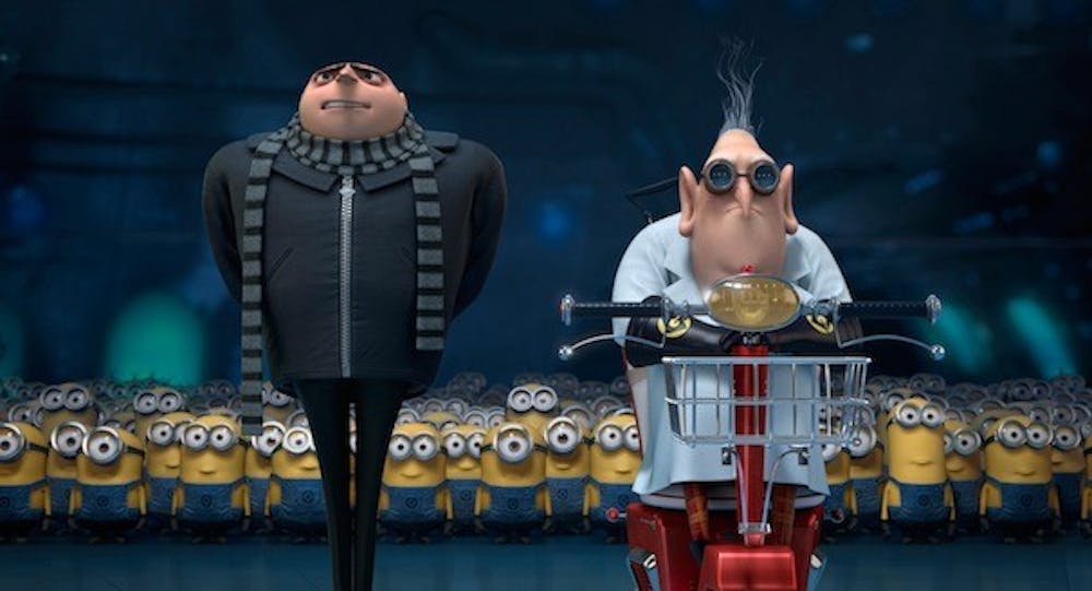 (L to R) Gru (STEVE CARELL) and the Minions say goodbye to Dr. Nefario (RUSSELL BRAND) in ?Despicable Me 2?, summer 2013?s much-anticipated follow-up to Universal Pictures and Illumination Entertainment?s blockbuster comedy adventure ?Despicable Me?.  