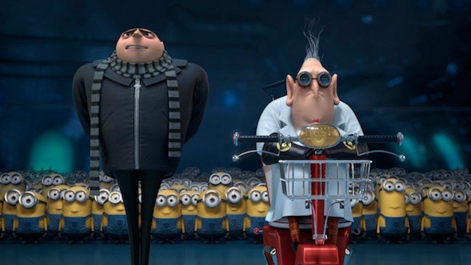 (L to R) Gru (STEVE CARELL) and the Minions say goodbye to Dr. Nefario (RUSSELL BRAND) in ?Despicable Me 2?, summer 2013?s much-anticipated follow-up to Universal Pictures and Illumination Entertainment?s blockbuster comedy adventure ?Despicable Me?.  