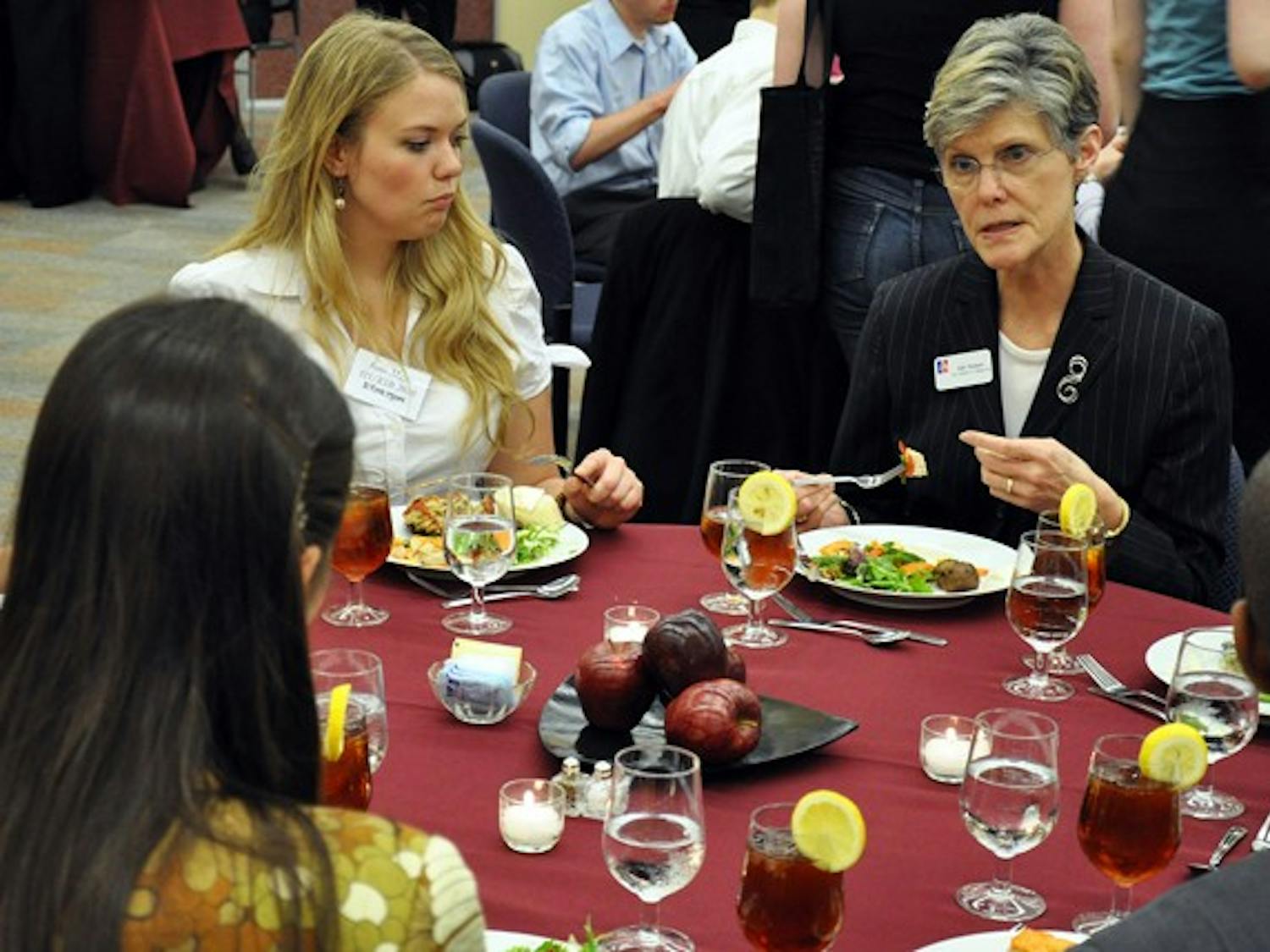 Bon appétit — At a Board of Trustees-sponsored event, six Trustees and seven administrators sat down to dinner with 24 students in Bender Library Thursday. Vice President for Campus Life Gail Hanson, right, spoke about campus issues with students in the Mudbox.