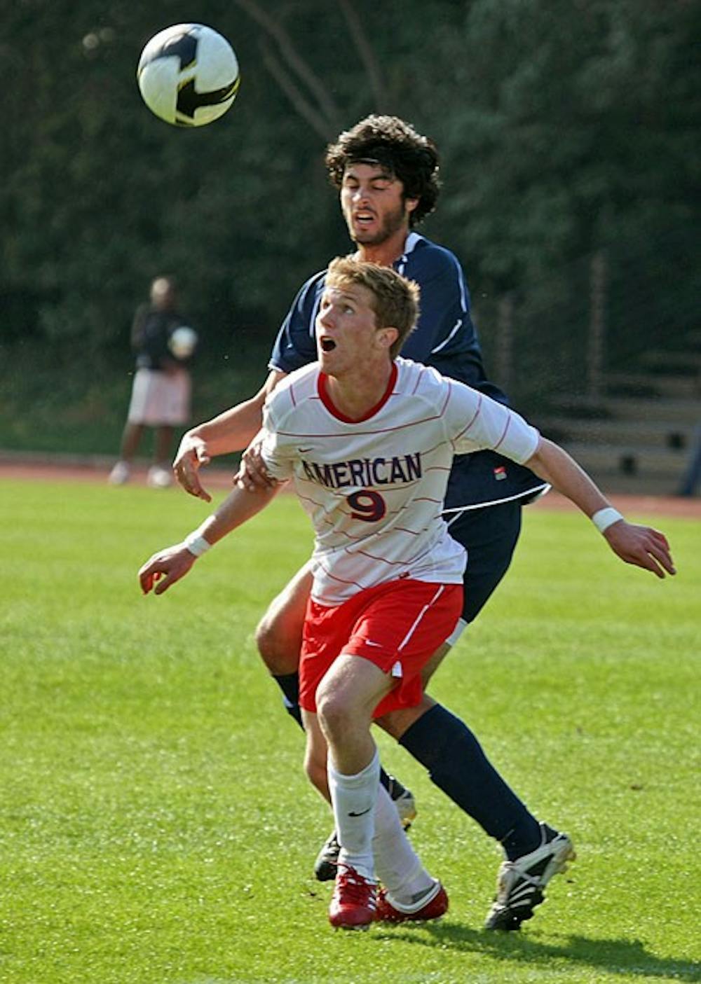 LOOKING UP â€” Junior forward Mike Worden goes up for a ball in a home match this season. AU has been on a roll going 7-0-2 in their last nine games. They will look to remain perfect in the Patriot League with a match against the Holy Cross University Crusaders. The Eagles are 5-1-1 on the road and 9-3-2 on the season overall.