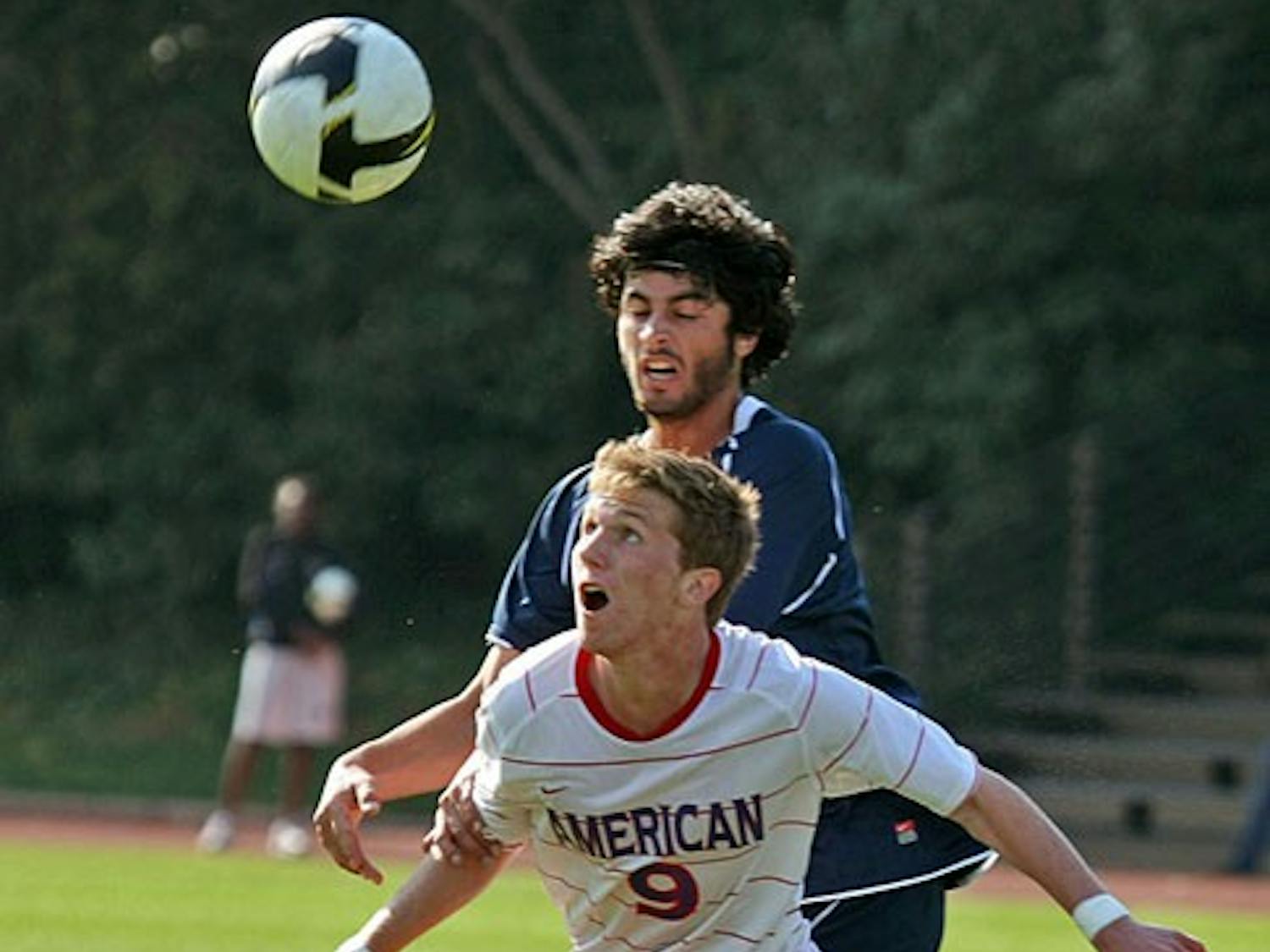 LOOKING UP — Junior forward Mike Worden goes up for a ball in a home match this season. AU has been on a roll going 7-0-2 in their last nine games. They will look to remain perfect in the Patriot League with a match against the Holy Cross University Crusaders. The Eagles are 5-1-1 on the road and 9-3-2 on the season overall.