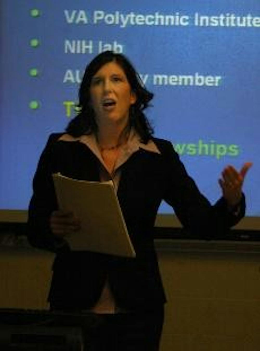 Dr. Kathleen DeCicco-Skinner discussed National Institutes of Health fellowships Friday at the event.