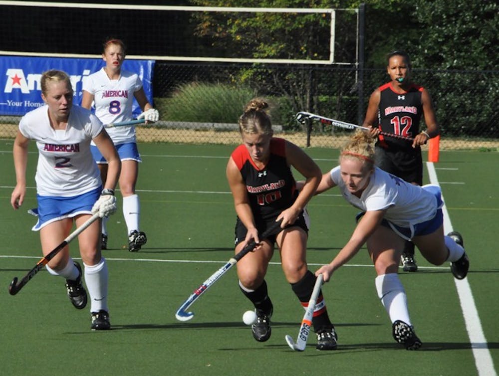 NO MATCH â€” AUâ€™s Kirstin Gephart reaches for a ball during the Eagles loss to the University of Maryland. The Eagles, while a strong team overall, were no match for the Terrapins. It is no surprise, since UMD is the No. 1 ranked team in the nation. The team plays Holy Cross next on Oct. 3. 