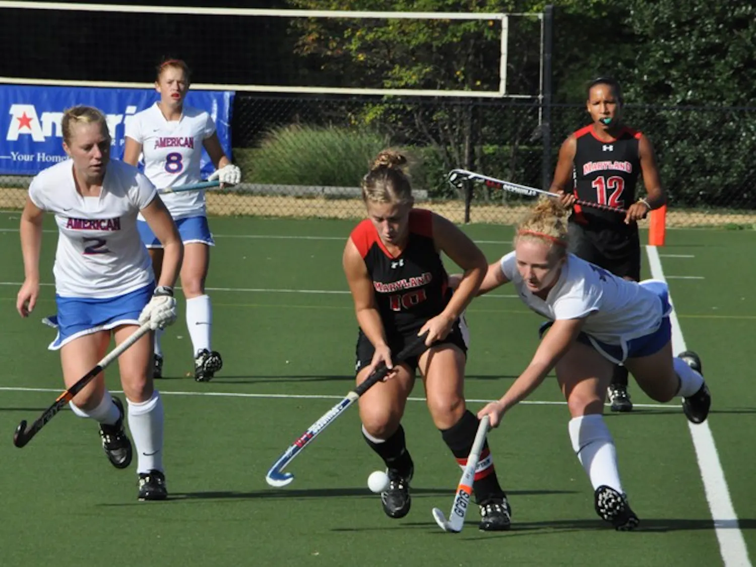 NO MATCH — AU’s Kirstin Gephart reaches for a ball during the Eagles loss to the University of Maryland. The Eagles, while a strong team overall, were no match for the Terrapins. It is no surprise, since UMD is the No. 1 ranked team in the nation. The team plays Holy Cross next on Oct. 3.