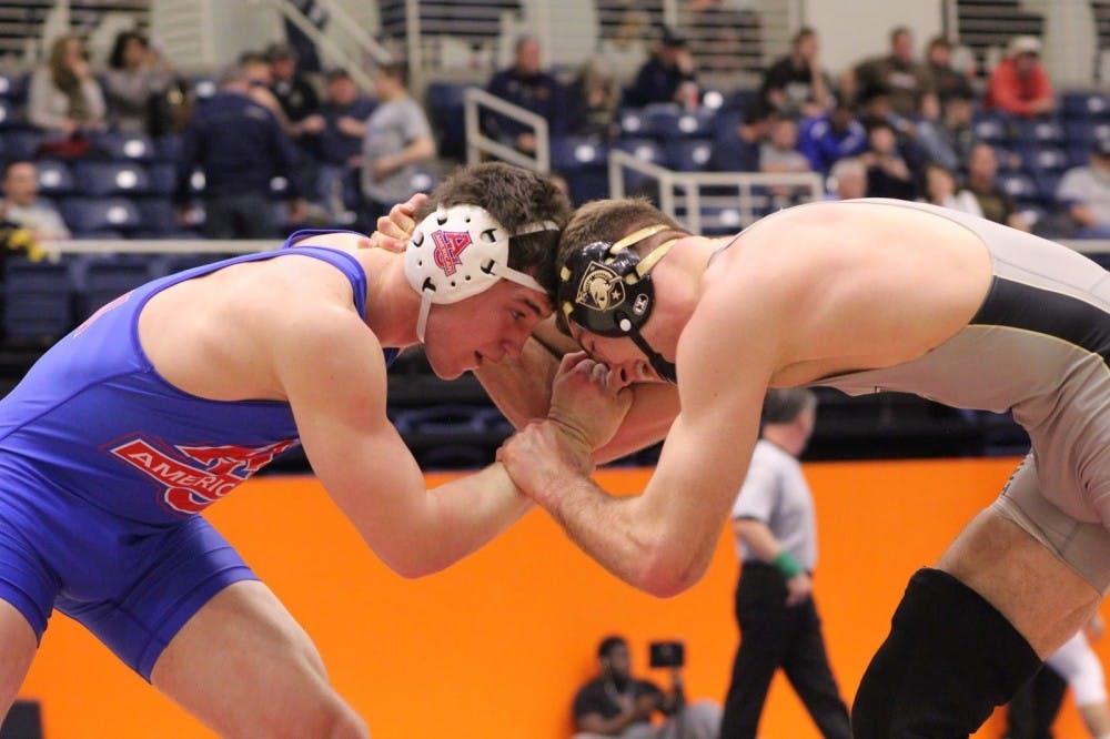 AU junior Jeric Kasunic wrestles Rocco Caywood of Army in the EIWA Tournament. Kasunic defeated Caywood 4-1 on his way to a fourth place conference finish and a ticket to the NCAA tournament. Kasunic’s season ended after two losses at the national tournament, but he will return next year for another shot at a national&nbsp;championship.