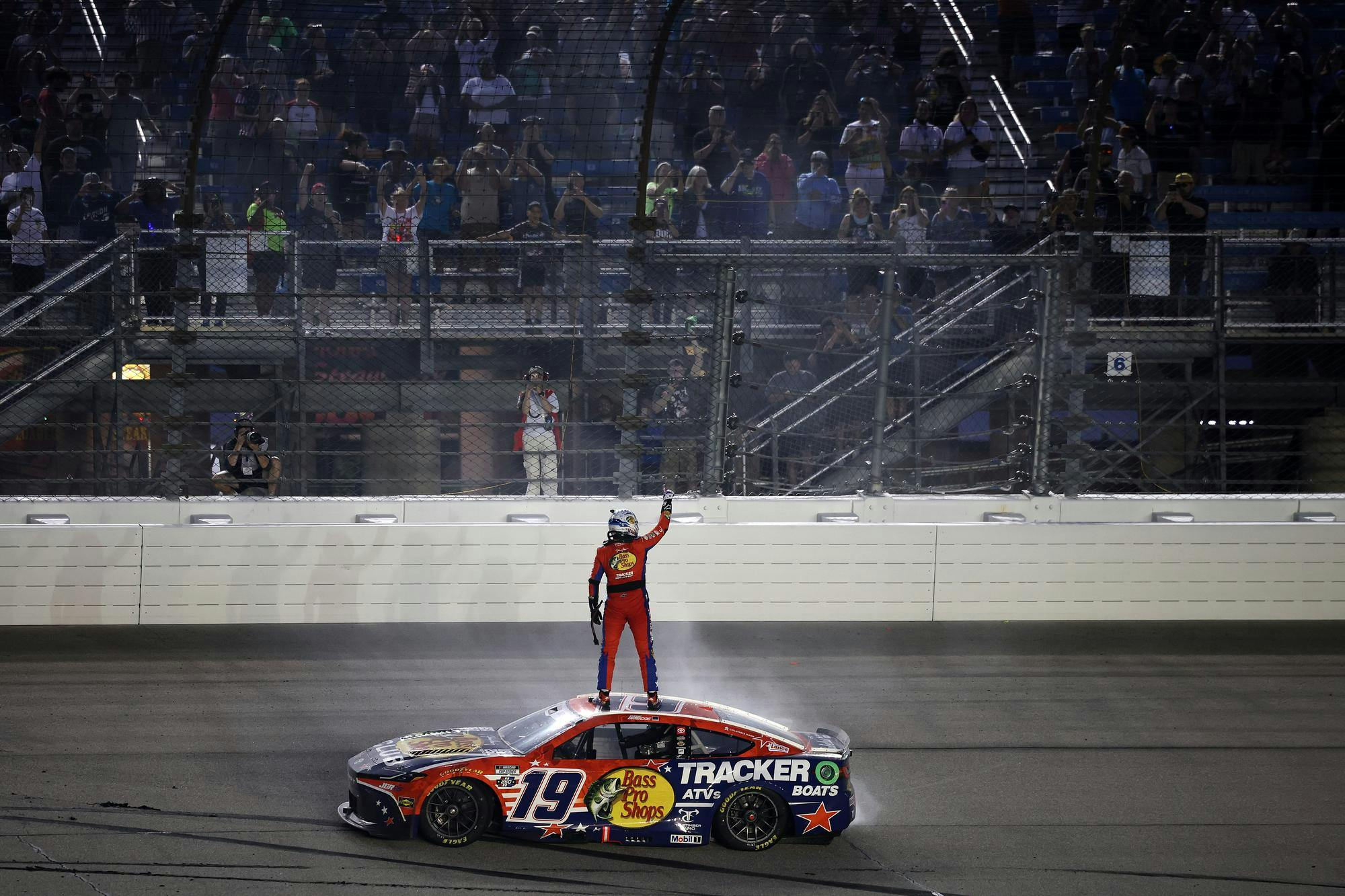 JOLIET, ILLINOIS - JULY 05: Chase Briscoe, driver of the #19 Bass Pro Shops Toyota, celebrates after winning the NASCAR Cup Series eero 400 at Chicagoland Speedway on July 05, 2026 in Joliet, Illinois. (Photo by James Gilbert/Getty Images)
