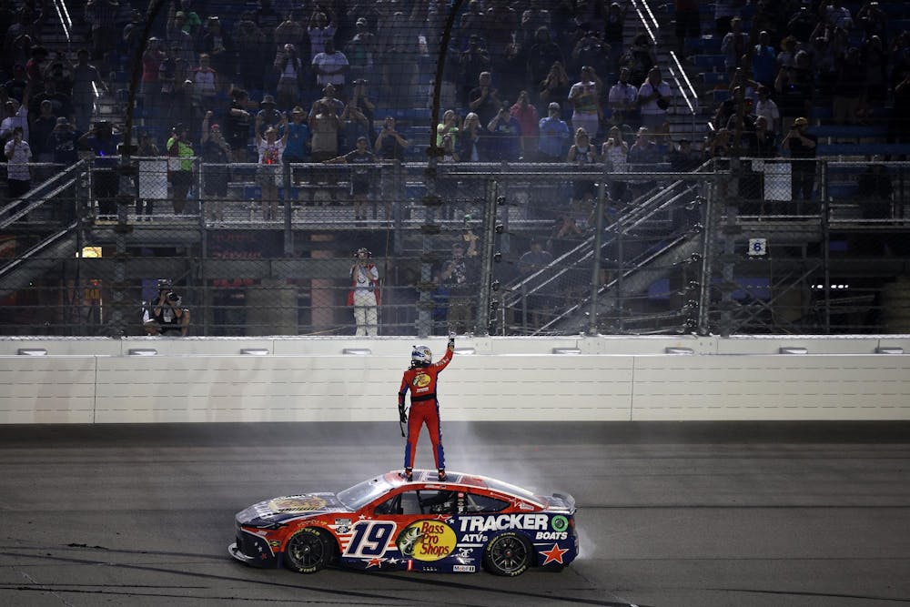 JOLIET, ILLINOIS - JULY 05: Chase Briscoe, driver of the #19 Bass Pro Shops Toyota, celebrates after winning the NASCAR Cup Series eero 400 at Chicagoland Speedway on July 05, 2026 in Joliet, Illinois. (Photo by James Gilbert/Getty Images)