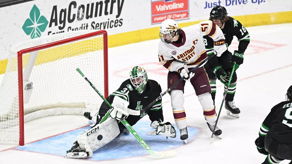 An NCAA men's college hockey game between the Arizona State Sun Devils and the University of North Dakota Fighting Hawks at Ralph Engelstad Arena in Grand Forks on Saturday, November 15, 2025.  Photo by Russell Hons