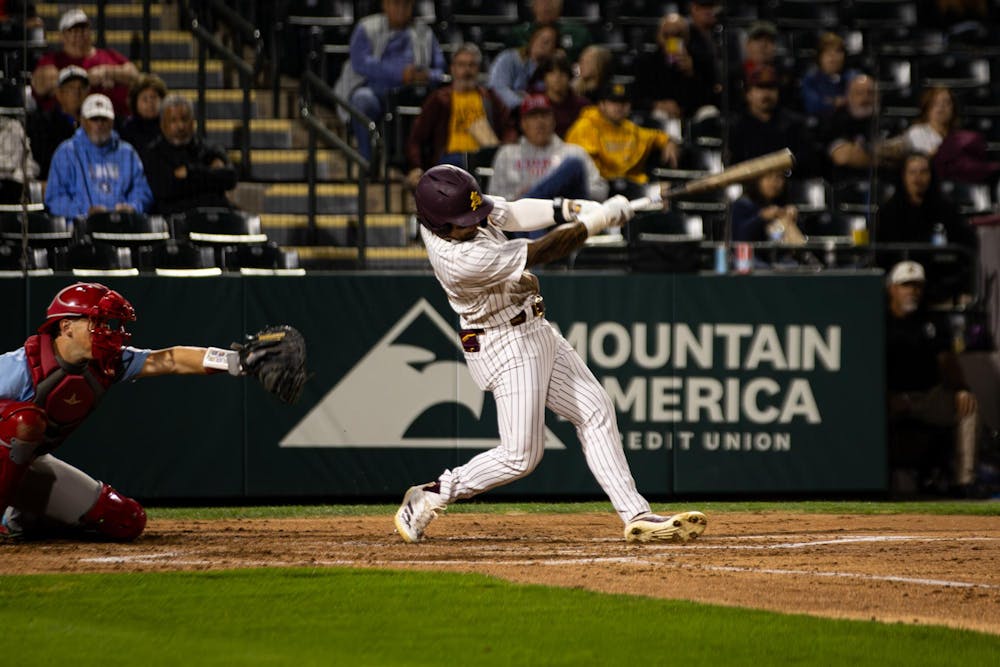 PHOENIX— Redshirt junior infielder Nu'u Contrades up to bat during Arizona State University's matchup against Loyola Marymont University at Phoenix Municipal Stadium on March 6, 2026.