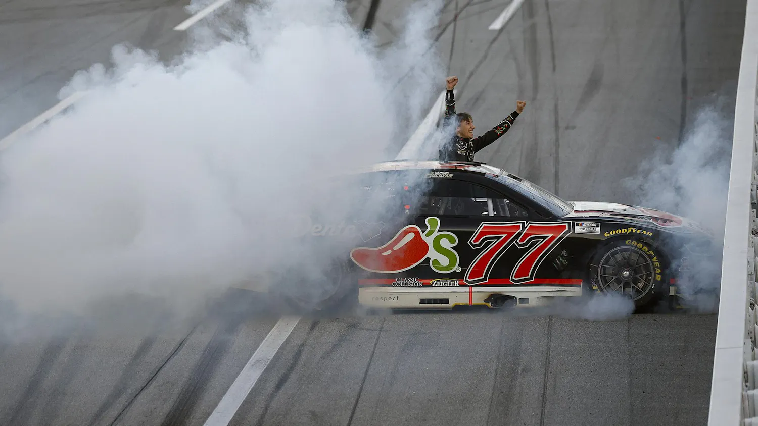 Carson Hocevar, driver of the #77 Chili's Ride the 'Dente Chevrolet, celebrates after winning the NASCAR Cup Series Jack Link's 500 at Talladega Superspeedway on April 26, 2026 in Talladega, Alabama. (Photo by Sean Gardner_Getty Images).jpg