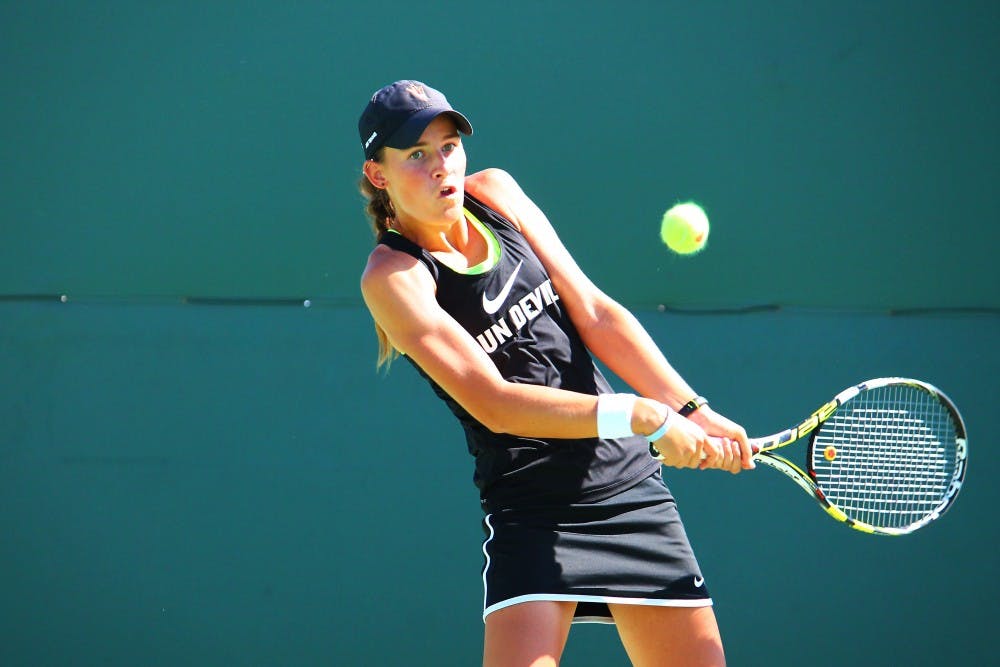 ASU Junior Ebony Panoho plays a backhand on her way to a 6-2 6-4