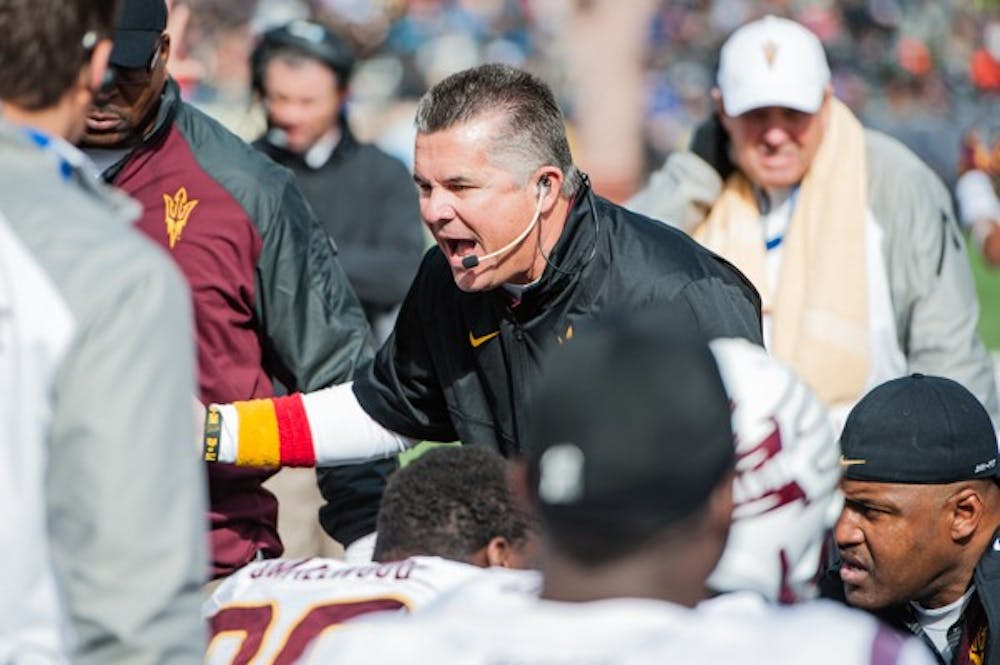 Head coach Todd Graham yells at his defense after the team gave up a touchdown in the Sun Bowl against Duke, Saturday, Dec. 27, 2014 at Sun Bowl Stadium in El Paso. (Ben Moffat/The State Press)