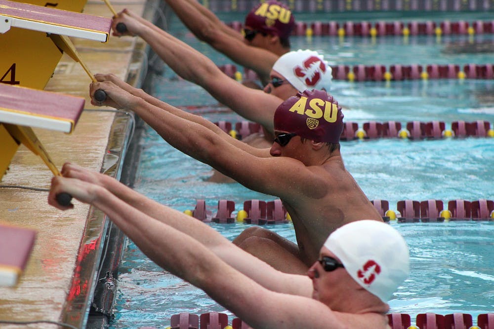 The ASU men's swim team prepares to begin&nbsp;a relay race against Stanford on Jan. 20, 2017.