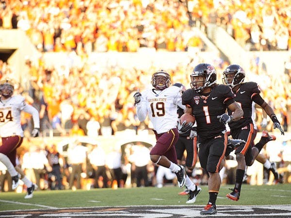 BREAKING AWAY: Oregon State junior back Jacquizz Rodgers carries the ball against ASU on Saturday. The Beavers got the win 31-28 and Rodgers finished with 54 yards and two touchdowns. (Photo COurtesy of the Daily Barometer)