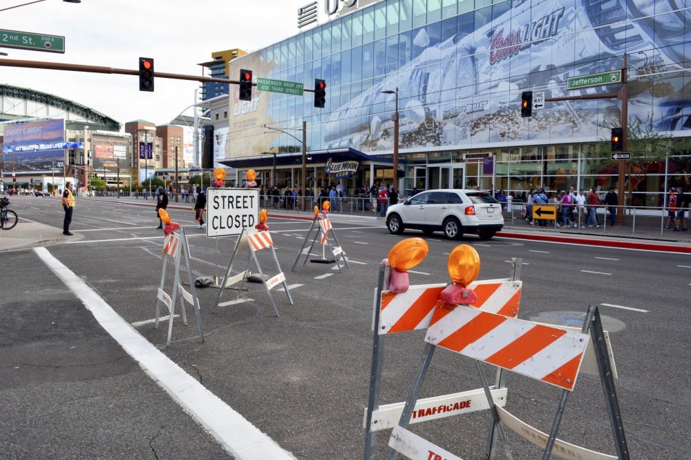 Street closures for the Super Bowl XLIX as seen on Sunday, Jan. 25, 2015, in downtown Phoenix. Due to celebrations in preparation for the Super Bowl XLIX, downtown Phoenix closed Third Street between Washington and Monroe streets and Second Street between Washington and Jefferson streets. (Krista Tillman/ The State Press)