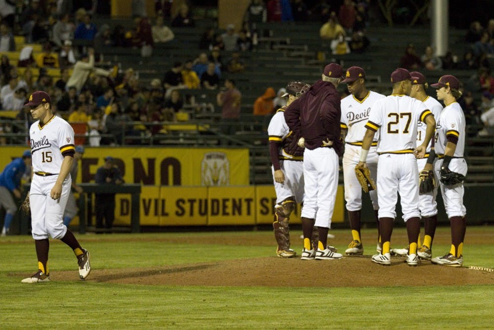 ASU junior pitcher Eli Lingos (15) walks off the field after being removed from the game during game one of a three game baseball series versus the UCLA Bruins at Phoenix Municipal Stadium in Phoenix on Friday, March 31, 2017. ASU lost 9-3.