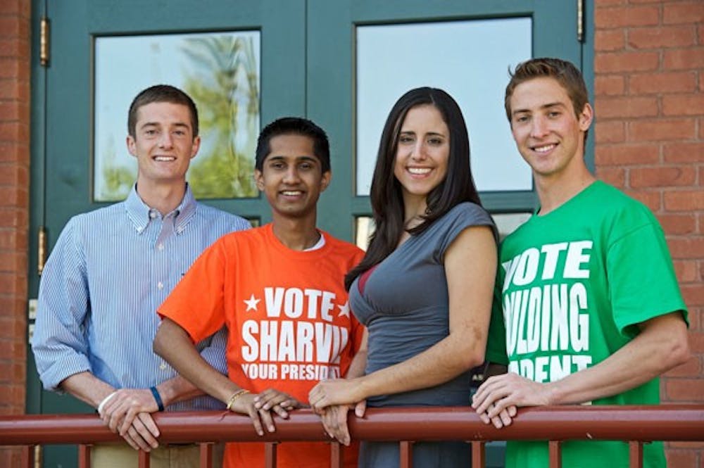 PRESIDENTIAL CANDIDATES: (from left to right) Brendan Corrigan, Sharvil Kapadia, Athena Salman and Jacob Goulding are running for Tempe Undergraduate Student Government president. Elections for the presidential candidates and their running mates begin April 6. (Photo by Michael Arellano)