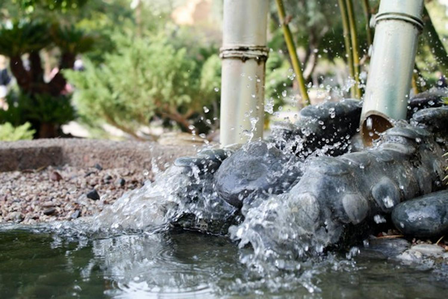 Water splashes into the fountain outside the G. Homer Durham Language and Literature building on the Tempe campus. (Photo by Jessie Wardarski)